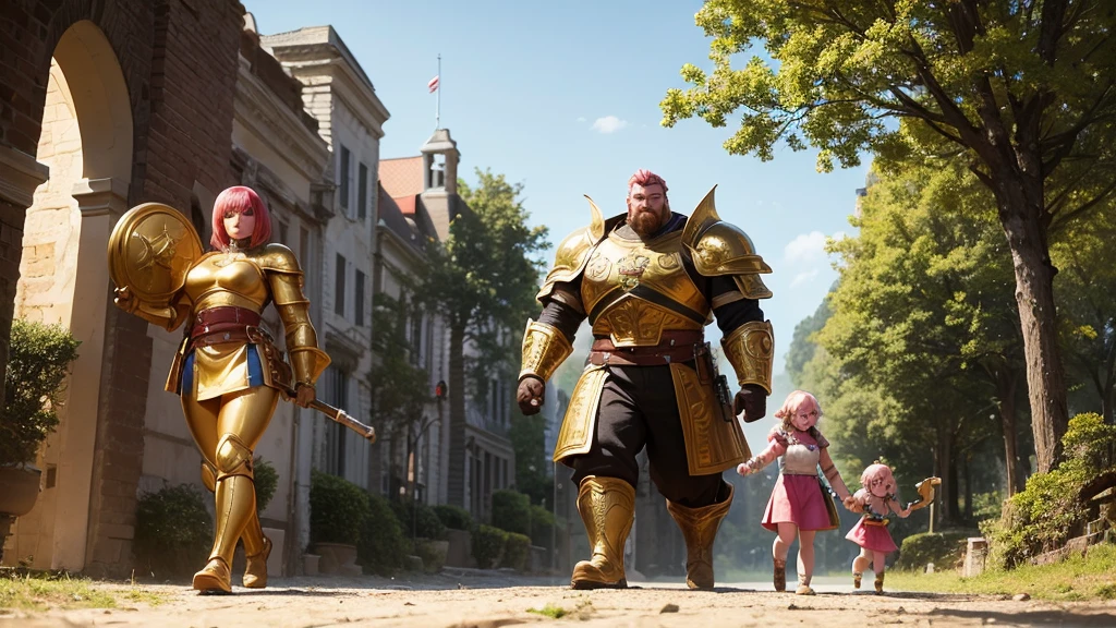 Large and strong soldier, covered in golden armor, with his head out, short hair with red bangs, holding a giant hammer and a shield, walking hand in hand with a 6 dwarf girl, with pink hair and ears elf