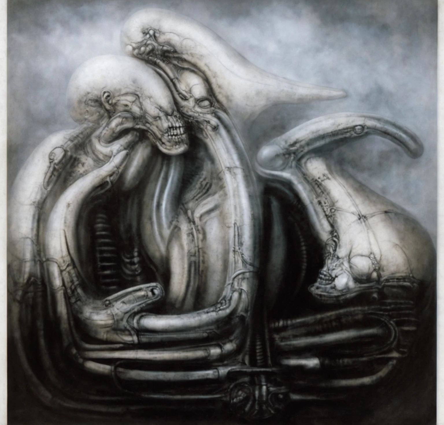 The image is a detailed view of H.R. Giger's Tableau \"NYC \" plate.  The image is a black and white illustration depicting a surreal landscape with a large city-like structure, featuring intricate pipes and mechanical parts, set against a cloudy sky.
 It's acomplex, abstract bone and ivory structure that resembles pipes and wires. The structure is composed of numerous pipes and wires intertwining and overlapping each other in a chaotic yet harmonious manner.
The style  is clearly biomechanical. Features combination of organic and mechanical forms. Mechanical elements dominate the background of composition, there are subtle organic hints. The use of undersaturated purple-grays dark contrasts creates a stark and graphic look. Is used a variety of linework techniques to create different textures. Fine, parallel lines create a smooth, metallic texture,while thicker, more cursive lines suggest cables or wires. The artwork is shiny and purplish brown, with an ivory bones prominently displayed. The image is highly detailed and intricate, almost like a 3d version of a medical diagram (detailed view of an anatomy sketch, possibly of a humanoid body, with transparent organs and bones exposed). The piece has a thick mechano-organic texture and is covered in fine details. The image has a swirling, organic quality to it. The artistic manner would be unmistakably Gigeresque. A dark and unsettling beauty would permeate the piece, blurring the lines between fascination and repulsion , forever haunted by the grotesque allure. Giger's signature artistic manner would be evident in every stroke. The airbrush would be wielded with masterful precision to create a hyperrealistic yet yet nightmarish aesthetic.
 The texture of ivory with signs of burning and fossilization can be seen in the mix of smooth and rough brushstrokes,hrgiger,HRGigerArhP style