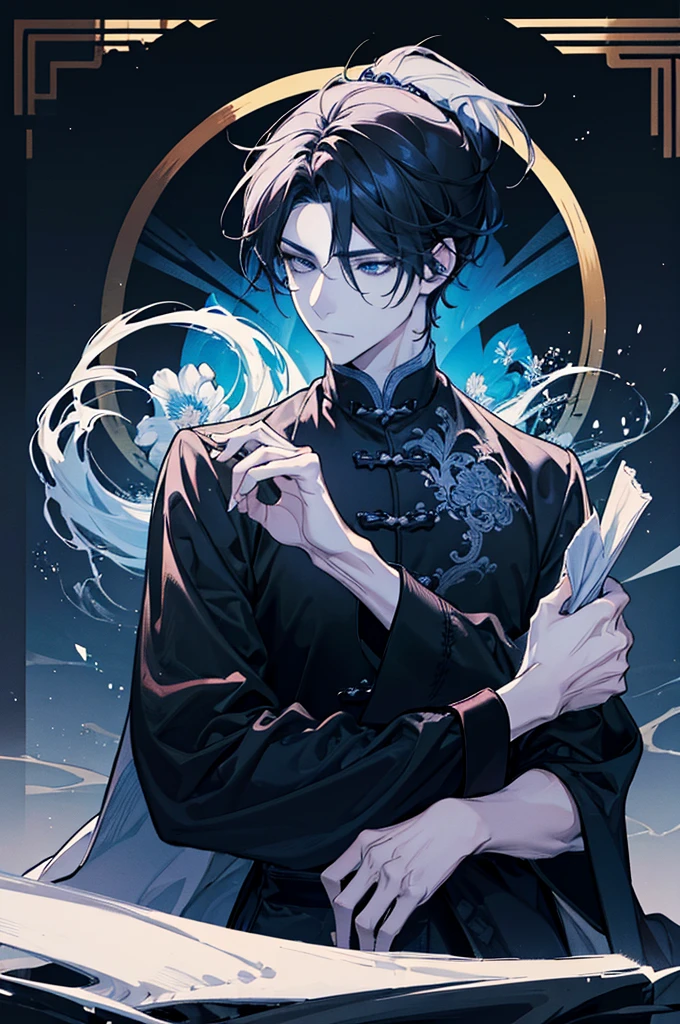 The man wore a black and white robe and had a dragon pattern on his tai chi. , Handsome like a villain,blue eyes,Bright theme , Prince of the family , Sit in the warrior's chair.,Chinese theme , Internal Power , trousers , long coat, gold theme back