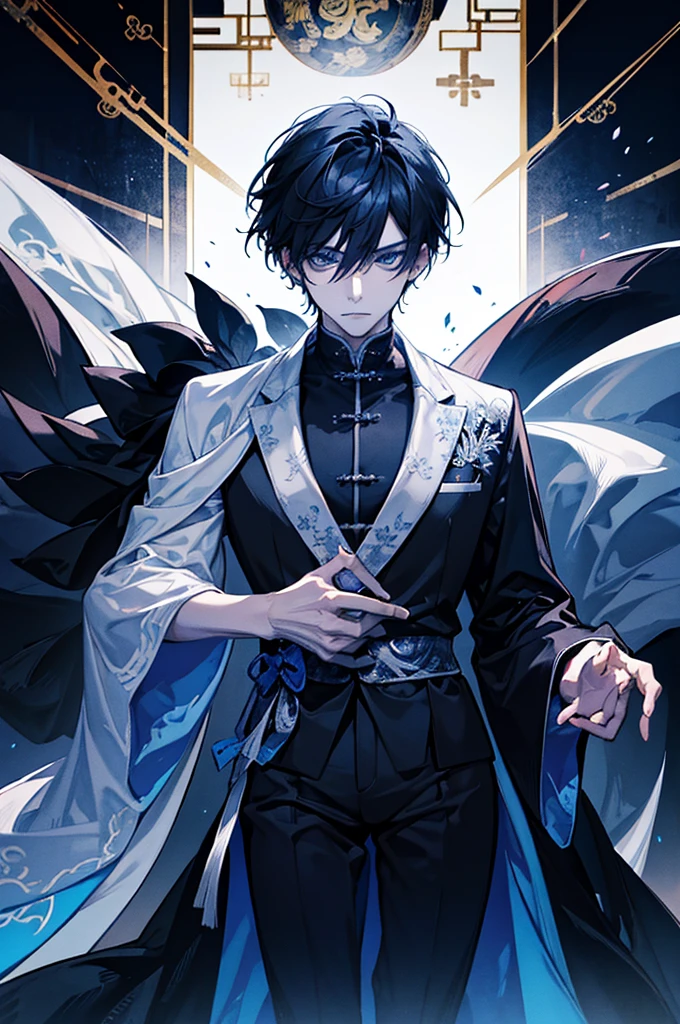 The man wore a black and white robe and had a dragon pattern on his tai chi. , Handsome like a villain,blue eyes,Bright theme , Prince of the family , Sit in the warrior's chair.,Chinese theme , Internal Power , trousers , long coat, gold theme back