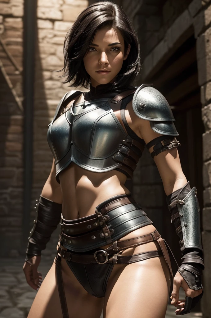 A beautiful female rogue, short black hair, Dungeons and Dragons aesthetic, (((skimpy sexy leather armour))), slim and athletic, high detail face, high detail skin, 8, HDR, high resolution, photo-realistic, cinematic lighting, depth of field, bokeh, rim lighting, backlit, cool colours, night