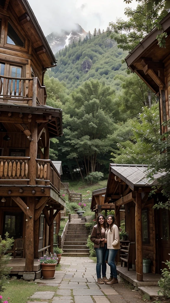 The image features two individuals standing in front of two charming, rustic cabins. The cabins are made of wood and have a distinctive, arched roof design. Each cabin has a front porch with steps leading up to it, surrounded by lush greenery and colorful flowers. The cabins appear to be located in a rural or mountainous area, adding to their quaint, cozy atmosphere. The sky is overcast, lending a cool and tranquil mood to the scene. The individuals are dressed in casual clothing and are smiling at the camera, suggesting a pleasant visit or stay at this picturesque location.