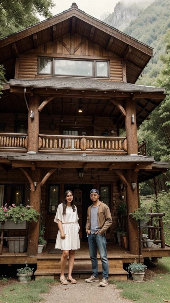 The image features two individuals standing in front of two charming, rustic cabins. The cabins are made of wood and have a distinctive, arched roof design. Each cabin has a front porch with steps leading up to it, surrounded by lush greenery and colorful flowers. The cabins appear to be located in a rural or mountainous area, adding to their quaint, cozy atmosphere. The sky is overcast, lending a cool and tranquil mood to the scene. The individuals are dressed in casual clothing and are smiling at the camera, suggesting a pleasant visit or stay at this picturesque location.