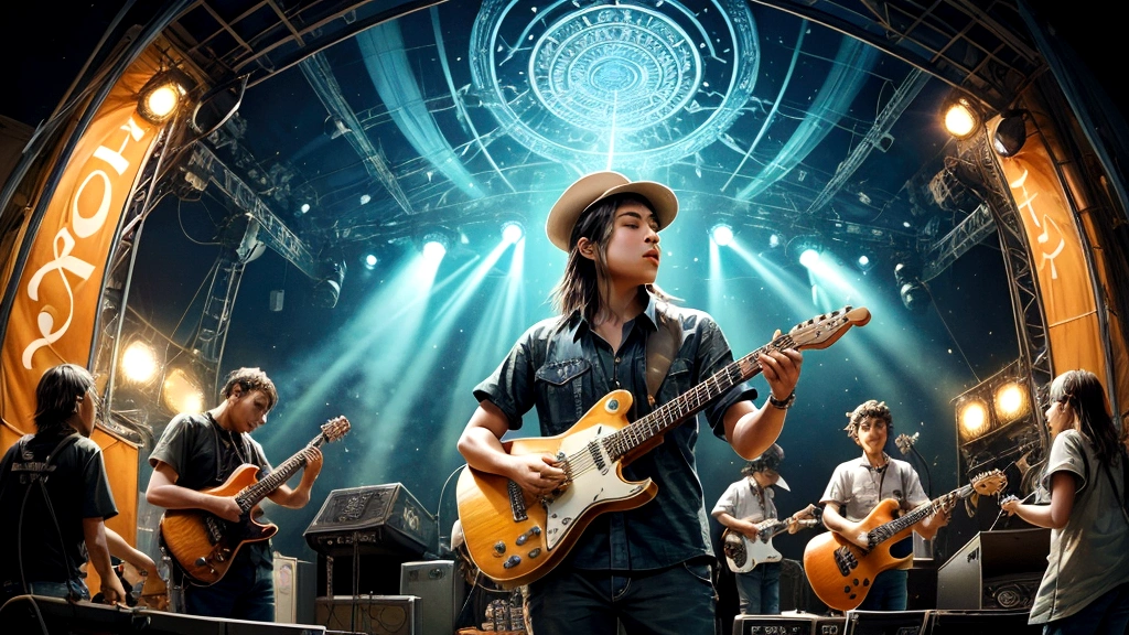 Draw a music festival poster,Playing blues guitar,Musical note elements