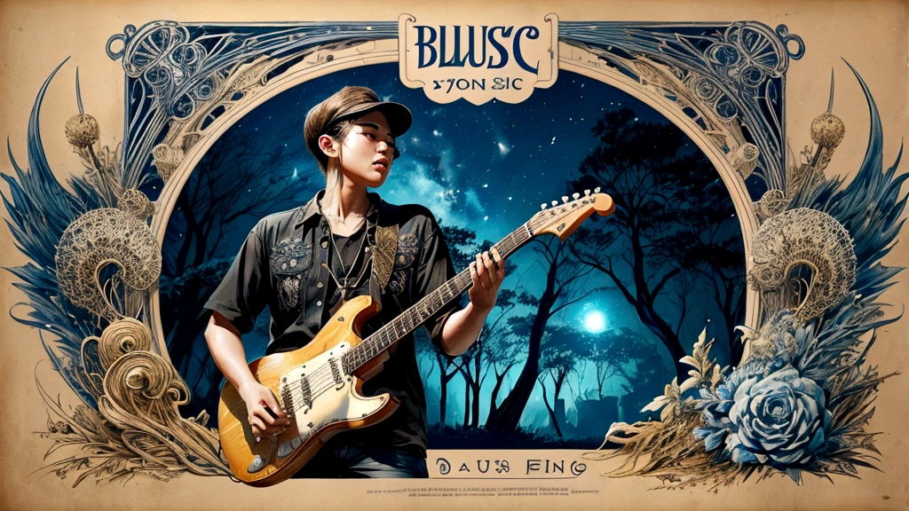 Draw a music festival poster,Playing blues guitar,Musical note elements