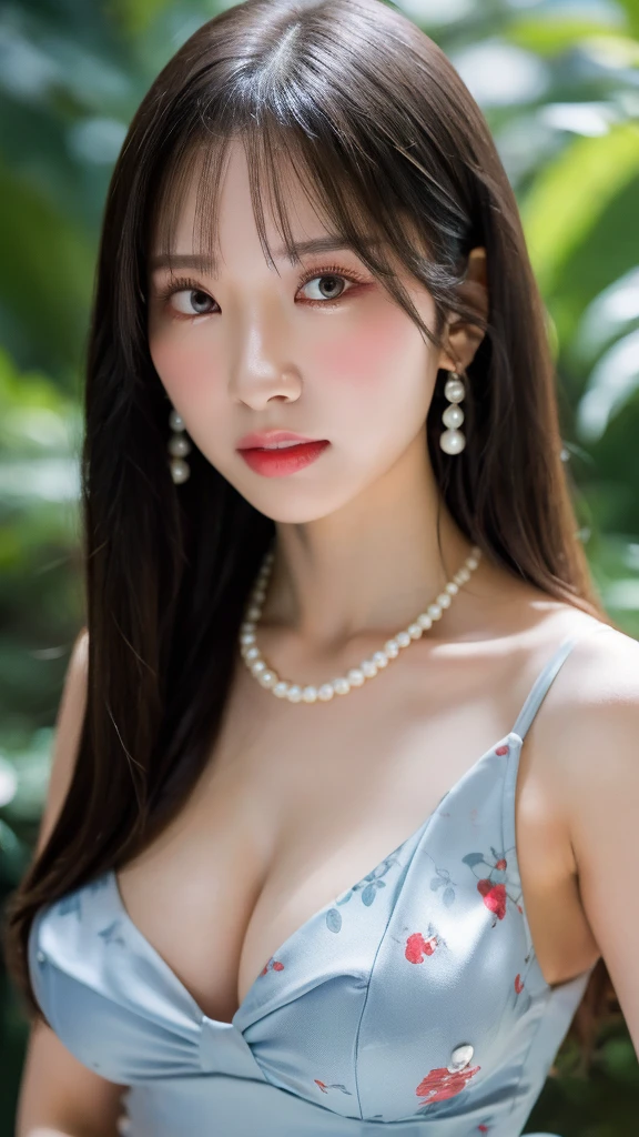 1 girl, national foundation, ((8k, raw, masterpiece: 1.5)), (Professional photography, sharp:1.2), Perfect dynamic composition, (Natural sun light), (soft shadow), (Perfect body:1.4), (((skinny figure))), ((huge round breasts: 1.35)), (((((medium long hair,bangs))))), Ultra-detailed faces and skin, perfect asian, White skin, (Delicate skin:1.4), (latex skin:0.4), (perfect glowing skin:0.6), light brown eyes, beautiful eyes, round eyes, pretty face, blush, glossy lips, ((plump lips)), glossy eyes, Really moist skin, sad expression, looking at camera, Elegant pearl necklace, Elegant earrings, minimalist, (blue and red floral gown),