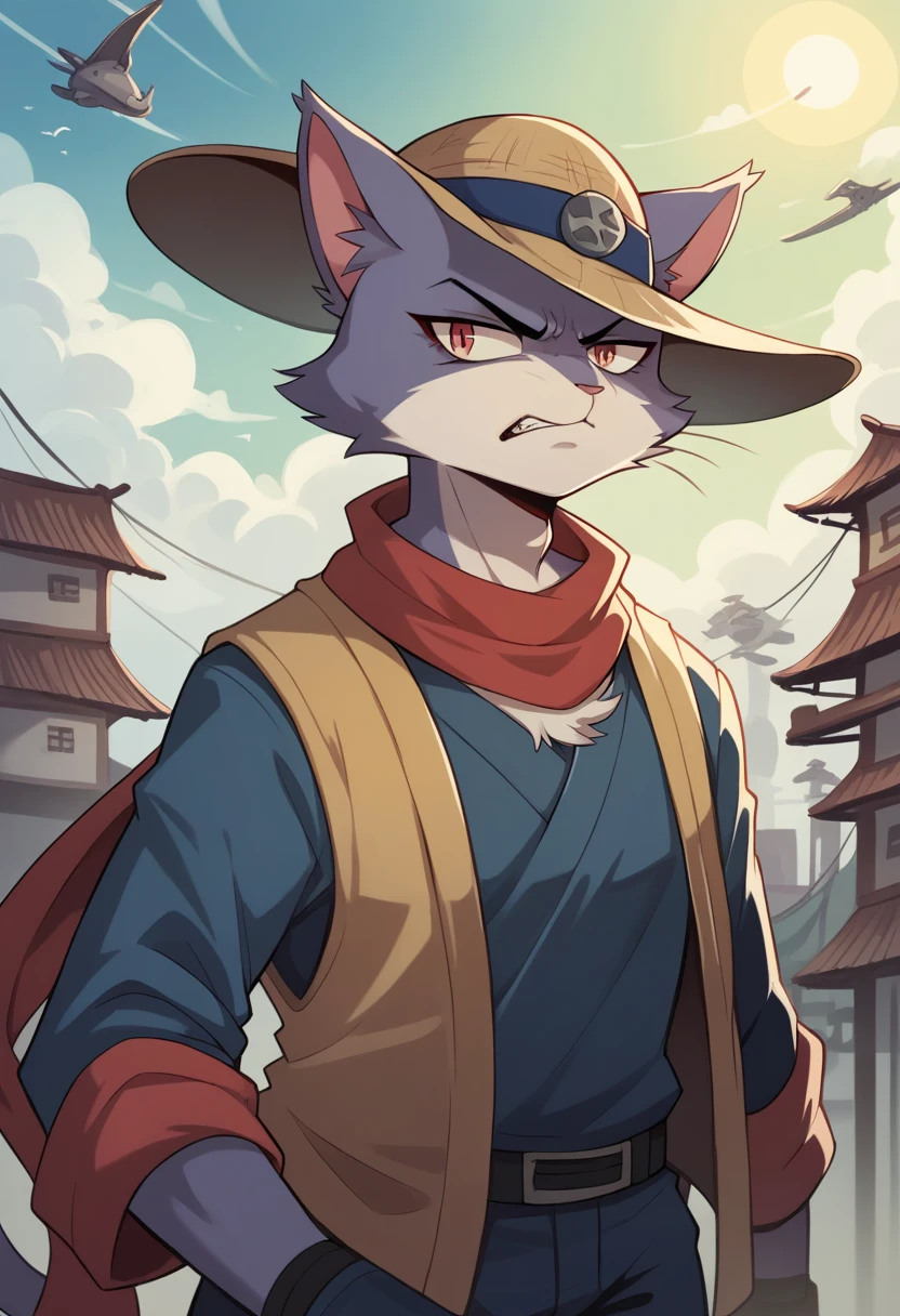 a painting of a cat wearing a hat and scarf, trending in the art station, dressed in punk clothes, detailed hyper realistic rendering, british gang member, street style, intimidating pose, planet of the cats, clothes with fashion, urban samurai, meow, west slavic features, 8 1 5