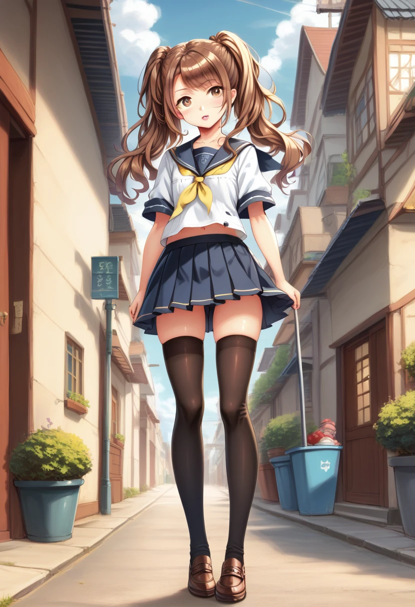 ,(upperbody:1),dsrise, brown hair, long hair, twintails, brown eyes, yasogami , serafuku, black thighhighs, 1girl, solo ,standing,walk, school,ground, (cinematic), anime screencap:0.8, official art, masterpiece, best quality,UHD,HDR,intricate detailed,aesthetic,very aesthetic,,