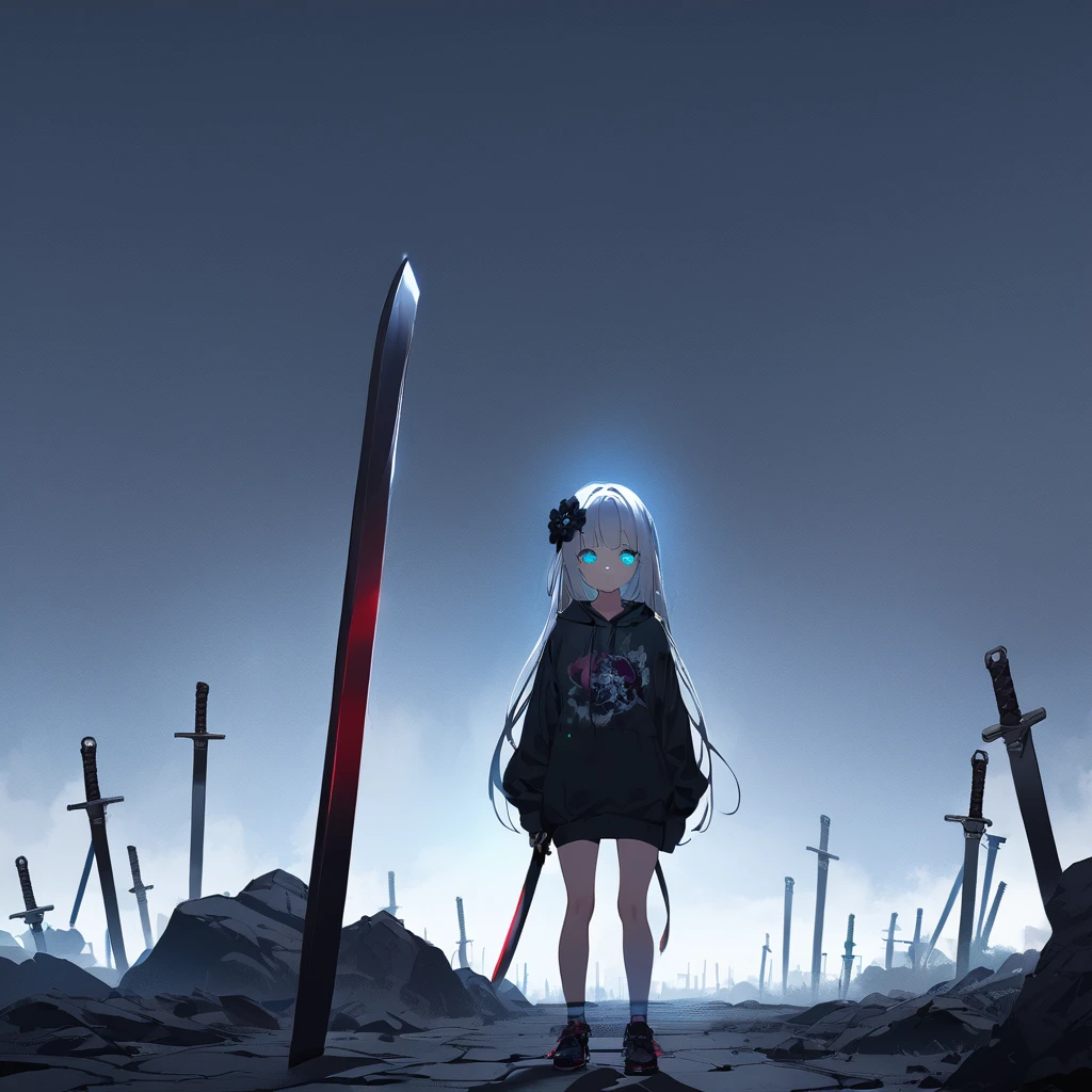 Masterpiece, saturate, full HD, best quality, 1girl, ( young girl, cute girl), slim body.medium breast, white  light hair.detailed beautiful eyes. Glowing eye. Bright aqua eyes, long hair, bangs, black flower hair ornament, black hoodie oversized, holding sword. Black flower hair ornament. girl's head facing upwards, shadows surrounding girl, foggy theme, rocky plain background and many swords sticking into the ground, foggy
 