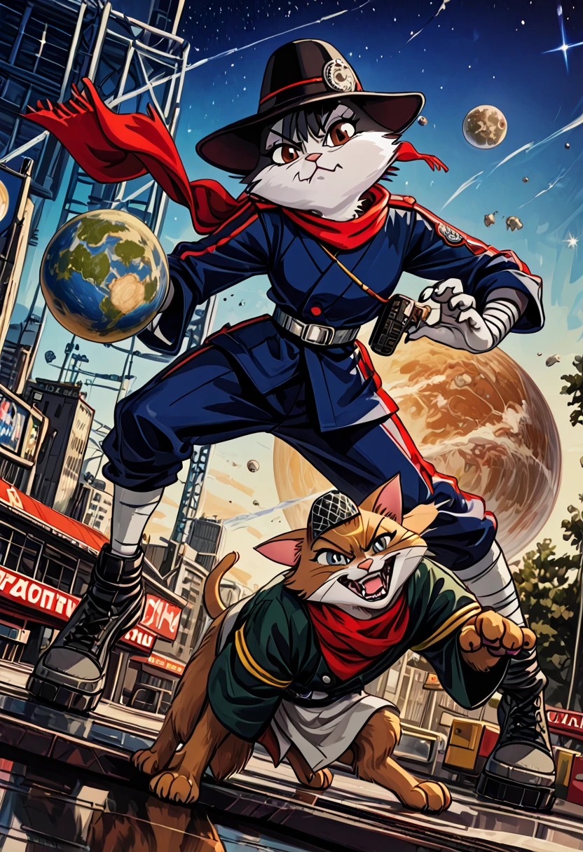 a painting of a cat wearing a hat and scarf, trending in the art station, dressed in punk clothes, detailed hyper realistic rendering, british gang member, street style, intimidating pose, planet of the cats, clothes with fashion, urban samurai, meow, west slavic features, 8 1 5