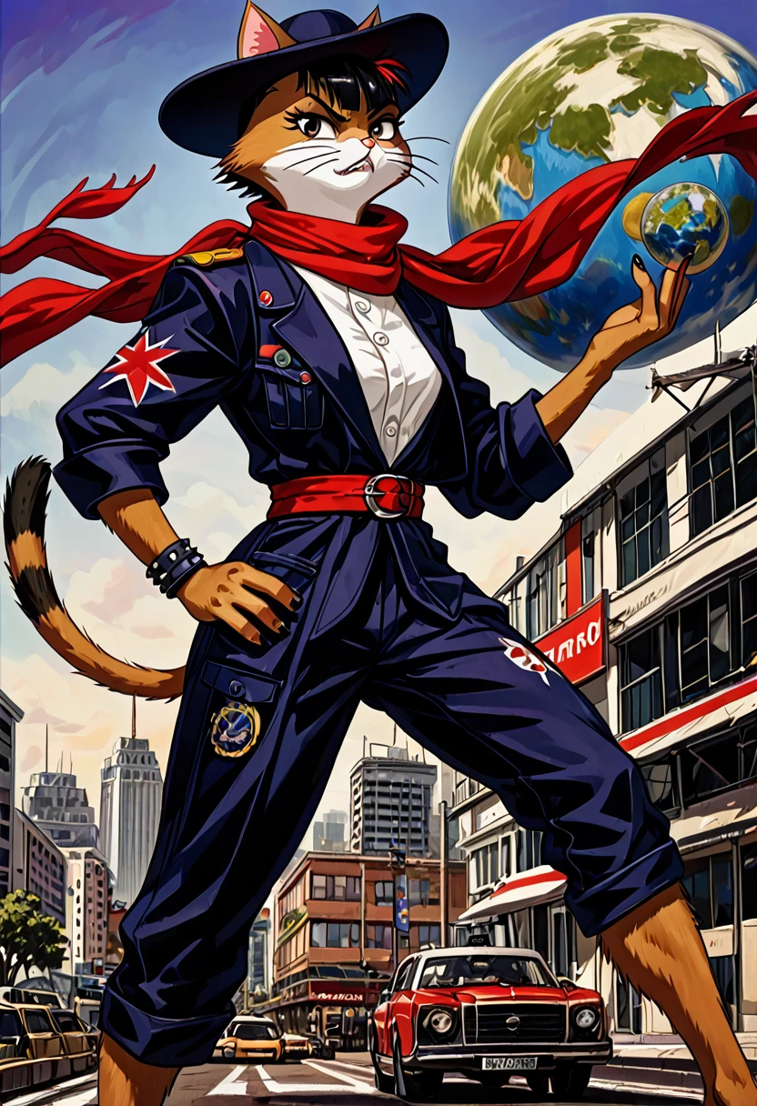 a painting of a cat wearing a hat and scarf, trending in the art station, dressed in punk clothes, detailed hyper realistic rendering, british gang member, street style, intimidating pose, planet of the cats, clothes with fashion, urban samurai, meow, west slavic features, 8 1 5