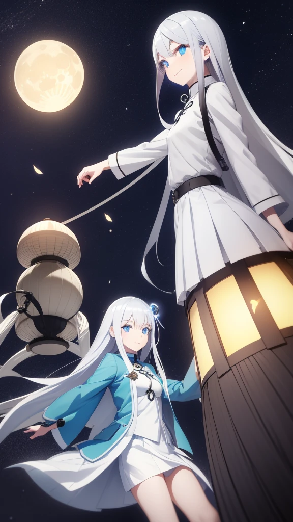1 tall girl, silver hair, blue eyes, white skin, smile, long hair, floating in the air, short jacket, short skirt, holding a lantern, Chinese lantern, night, moon