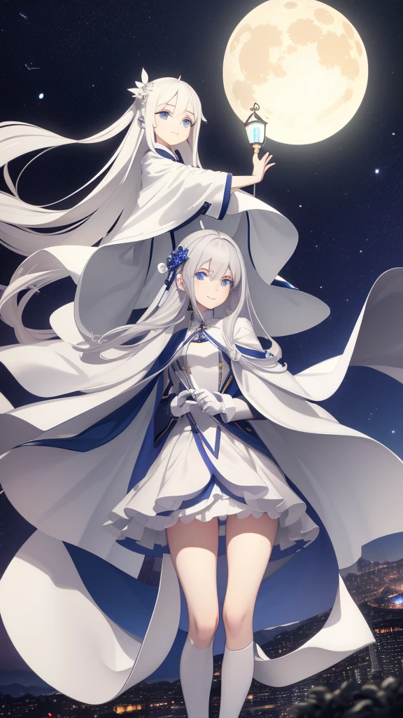 1 tall girl, silver hair, blue eyes, white skin, smile, long hair, floating in the air, short jacket, short skirt, holding a lantern, Chinese lantern, night, moon