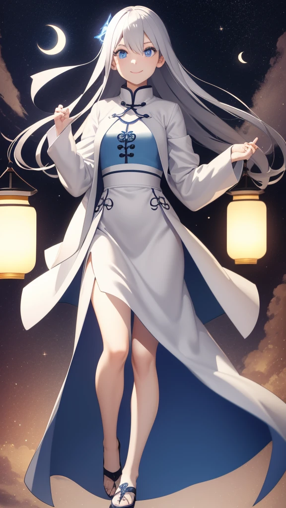 1 tall girl, silver hair, blue eyes, white skin, smile, long hair, floating in the air, short jacket, short skirt, holding a lantern, Chinese lantern, night, moon