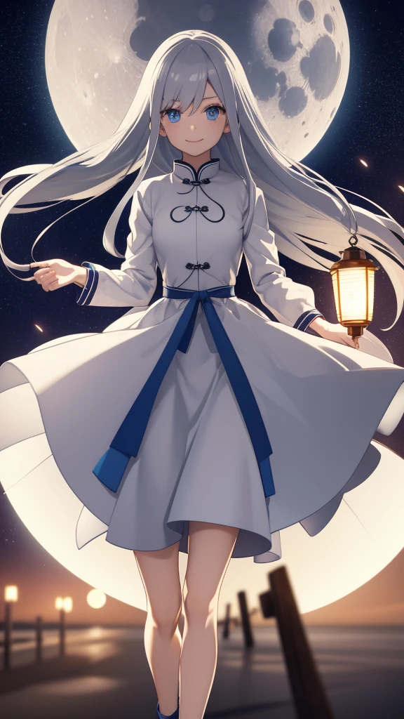 1 tall girl, silver hair, blue eyes, white skin, smile, long hair, floating in the air, short jacket, short skirt, holding a lantern, Chinese lantern, night, moon