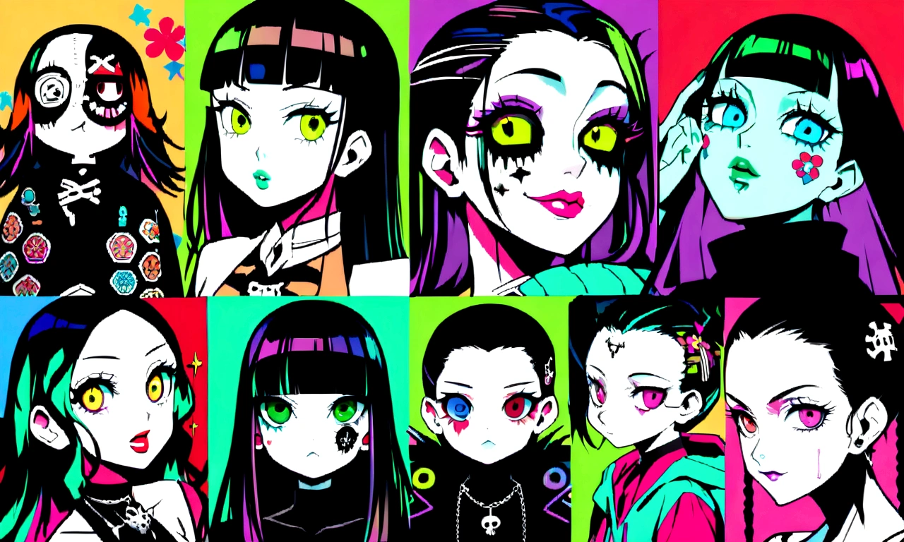 Black Hair、Black Feather、Gothic Punk、sit ,anime zombie witch design, crossbones, skulls, street wear design, pro vector, Horror style, full design, 6 colors only, solid colors, no shadows, full design, sticker, bright colors, white background.super fine illustration,(((beautiful fine hair))),(((beautiful fine face))),(((beautiful fine background))),(((beautiful fine hair))),(((beautiful fine face))),(((beautiful fine background))),Midsummer、beachBlack Hair、blunt bangs、Cross-eyed