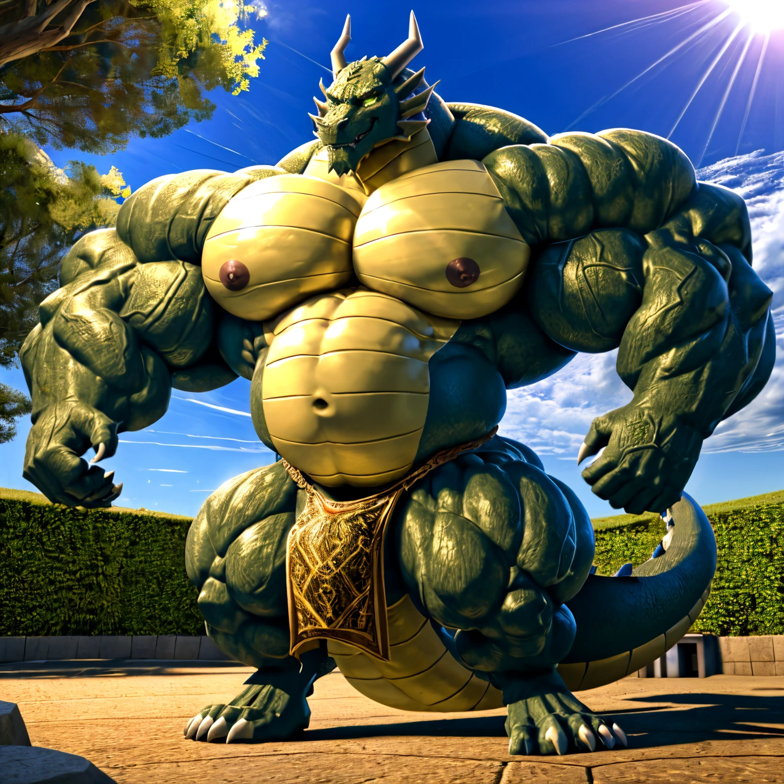 shendu, eastern dragon king, gold dragon, male dragon, eastern dragon,hefty body, with very big muscles, hulking, huge, colossal body, extremely strong, huge abdominal muscles, hefty abs, pecs, plump big muscle abs, Strong and robust muscle abs, daddy body muscle-gut abs, massive prominent muscle abs, sharp claws, legs, feet, full body, loincloth, nipples, sunlight, daylight, outdoor, bright , at noon, good weather, 4k, best quality, dragon eyes, dragon tail.