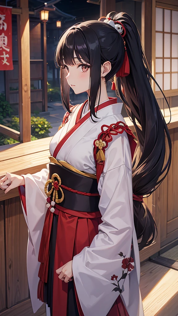 anime, young woman, alone, Long Hair, Black Hair, ponytail、Brown eyes, model, beautiful, Dcup, Fantasy, Senbonzakura、Japanese clothing、Japanese sword