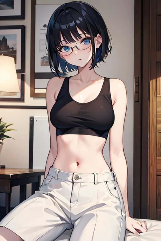 ((Highest quality)), ((masterpiece)), (Familiar), Illustration Style,Perfect Face,1 Girl,Black Hair,Short Hair,Glowing Skin,big, Bright Blue Eyes,Beautiful Bangs,Small ,Super Beauty,woman,16 yeartank top,Black pants,Beautiful clothes,Glasses