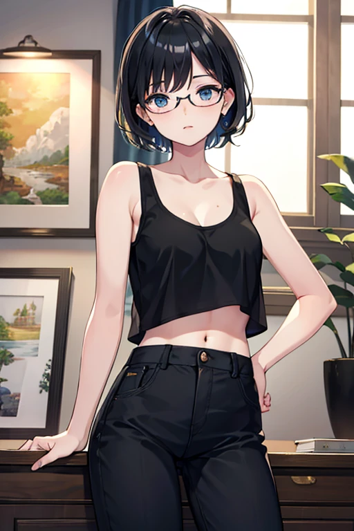 ((Highest quality)), ((masterpiece)), (Familiar), Illustration Style,Perfect Face,1 Girl,Black Hair,Short Hair,Glowing Skin,big, Bright Blue Eyes,Beautiful Bangs,Small breasts,Super Beauty,woman,16 years old,White tank top,Black pants,Beautiful clothes,Glasses