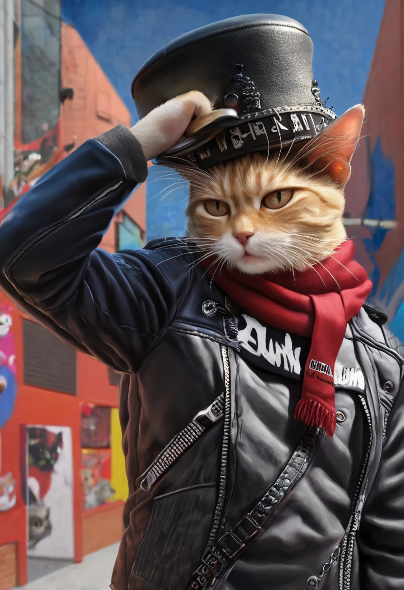 a painting of a cat wearing a hat and scarf, trending in the art station, dressed in punk clothes, detailed hyper realistic rendering, british gang member, street style, intimidating pose, planet of the cats, clothes with fashion, urban samurai, meow, west slavic features, 8 1 5