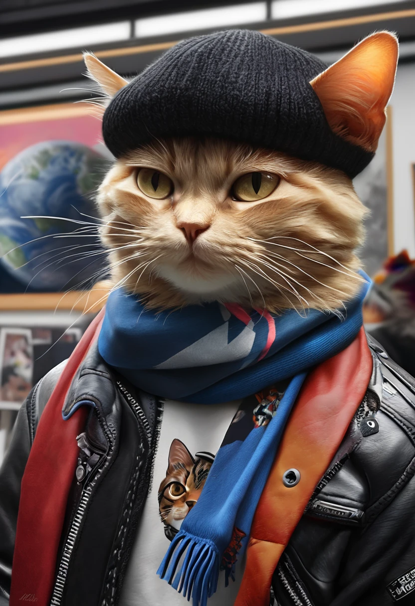 a painting of a cat wearing a hat and scarf, trending in the art station, dressed in punk clothes, detailed hyper realistic rendering, british gang member, street style, intimidating pose, planet of the cats, clothes with fashion, urban samurai, meow, west slavic features, 8 1 5