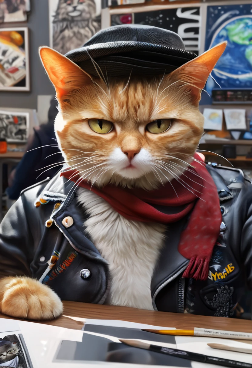 a painting of a cat wearing a hat and scarf, trending in the art station, dressed in punk clothes, detailed hyper realistic rendering, british gang member, street style, intimidating pose, planet of the cats, clothes with fashion, urban samurai, meow, west slavic features, 8 1 5