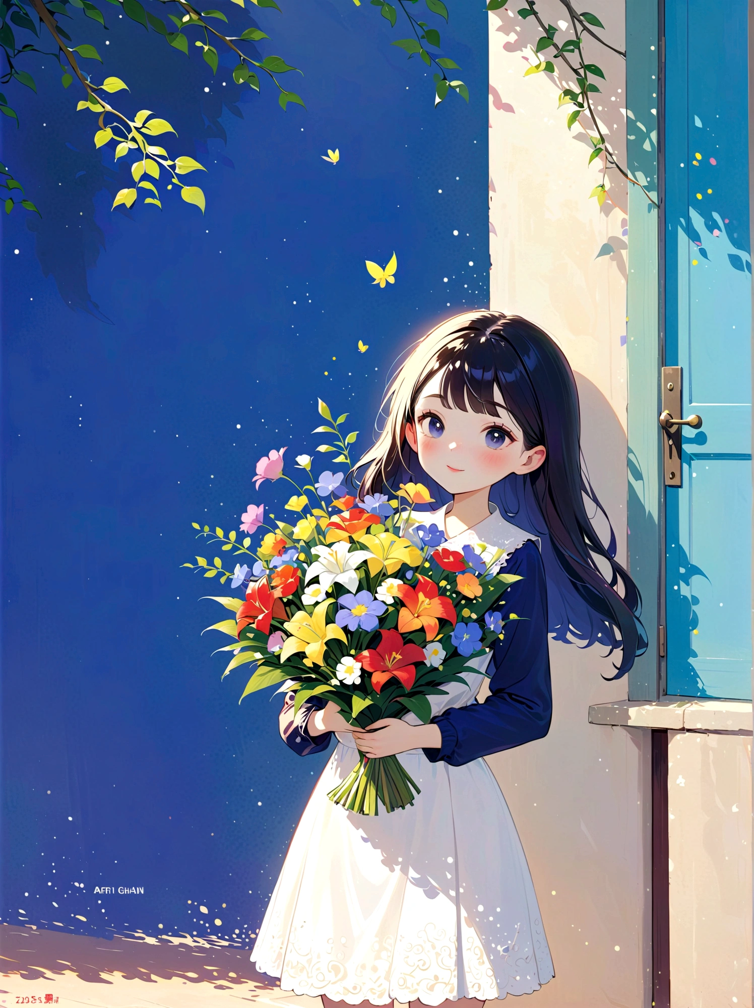 A woman holding a bouquet of flowers,Standing in front of a blue door, By Artie Guerin, With Artest Guerin (atey ghailan) style, Artie Guerin 8K, inspired By Artie Guerin, by Zou Zhe, by Yanjun Cheng, guweiz masterpiece, 古魏兹style的艺术品, author:Li Song