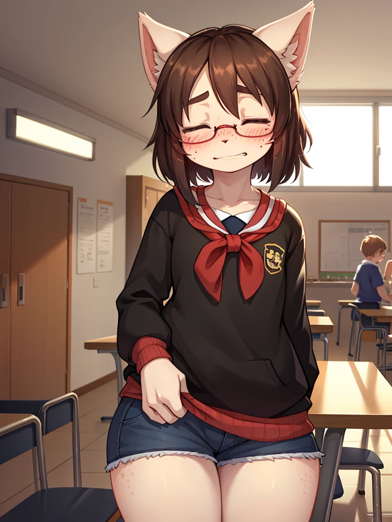 ugly face female , ugly loose body , (Freckles:0.9) , (clothed erotica) , Bad taste clothes , shy geek , school , I'm embarrassed so I close my eyes