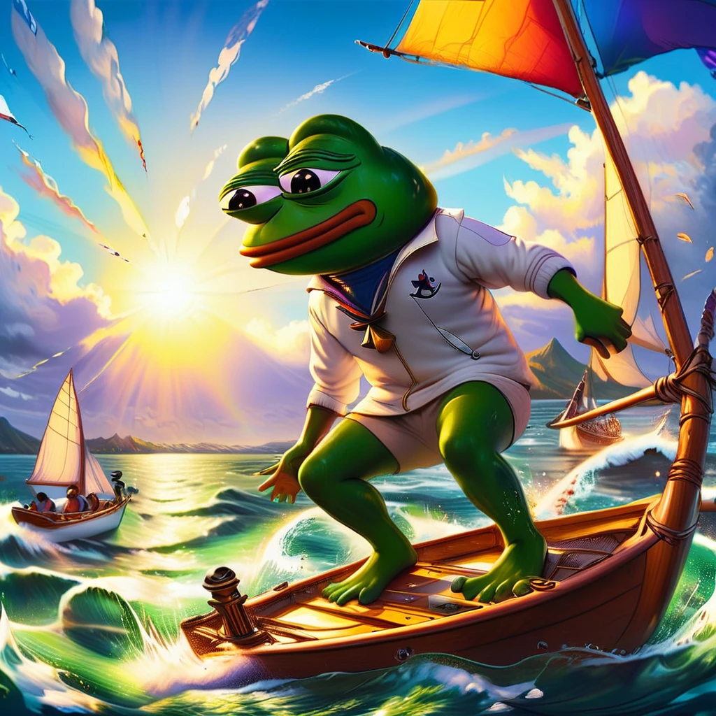 pepe the frog, race sailing, anthropomorphic frog character, frog sailing boat, dynamic sailing pose, splash water effects, sunny seascape environment, colorful sailboat, vibrant colors, whimsical digital art, highly detailed, masterpiece, cinematic lighting, photorealistic, award winning illustration