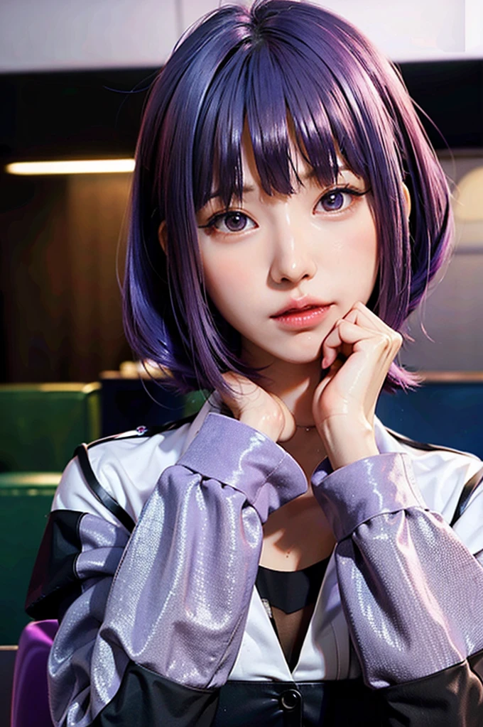 Futuristic Girl, Dark Skin, Purple eyes, space, Purple Hair, Blue Hair, Pink Hair, Long Hair, Dark Skin, Futuristic Coffee Shop