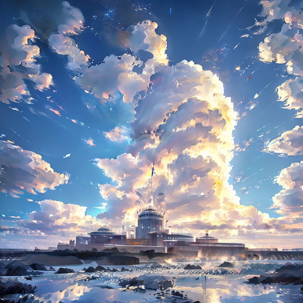 Depicting the Fukushima Nuclear Power Plant, Displays the drain，Dumping of contaminated water into the ocean. Emphasizing the contrast between nuclear power plants and the vast ocean