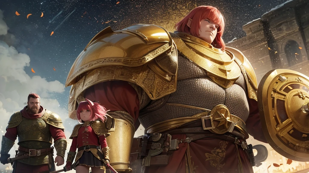 A Large and strong soldier, covered in golden armor, with his head out, short hair with red bangs, holding a giant hammer and a shield, walking hand in hand with a 6 year old dwarf girl, with pink hair and ears elf