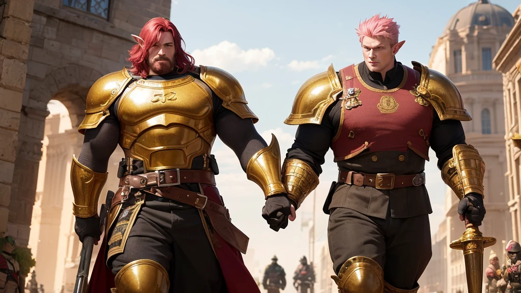 A Large and strong soldier, covered in golden armor, with his head out, short hair with red bangs, holding a giant hammer and a shield, walking hand in hand with a 6  dwarf  girl, with pink hair and ears elf