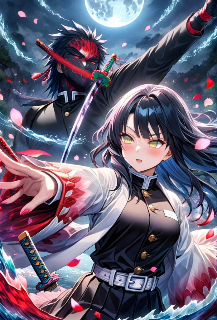 Ultra detailed, highres, absurdres, HDR, master piece, anime couple, pretty woman with white long hair with red streaks, girl with yellow eyes, black demon slayer uniform, Kimetsu No Yaiba, fantasy, petals, red blood power, pretty, Tomioka Giyu, Water Hashira power, training with swords, magic, moon, best quality, extremely detailed face, anime, they are really in love and training with katanas, hashira training swords, Tomioka training with a pretty woman