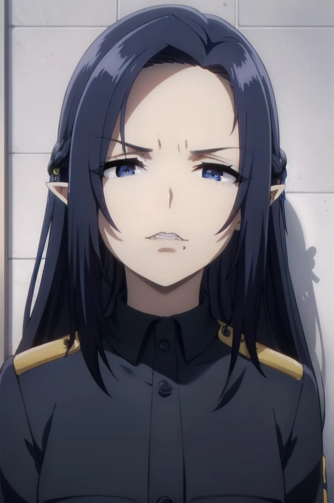 dark blue hair,,long hair,blue eyes,pointy ears,elf,Cute girl, (((policewoman, wearing police uniform))),((intenseglare, disgust, shaded_face, shadow_over_eyes, glaring, looking down at the viewer,cleanched teeth))