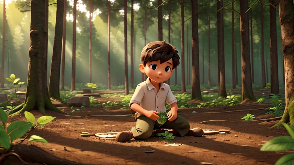 The young boy planting seeds in a forest clearing, surrounded by trees and sunlight filtering through the leaves.