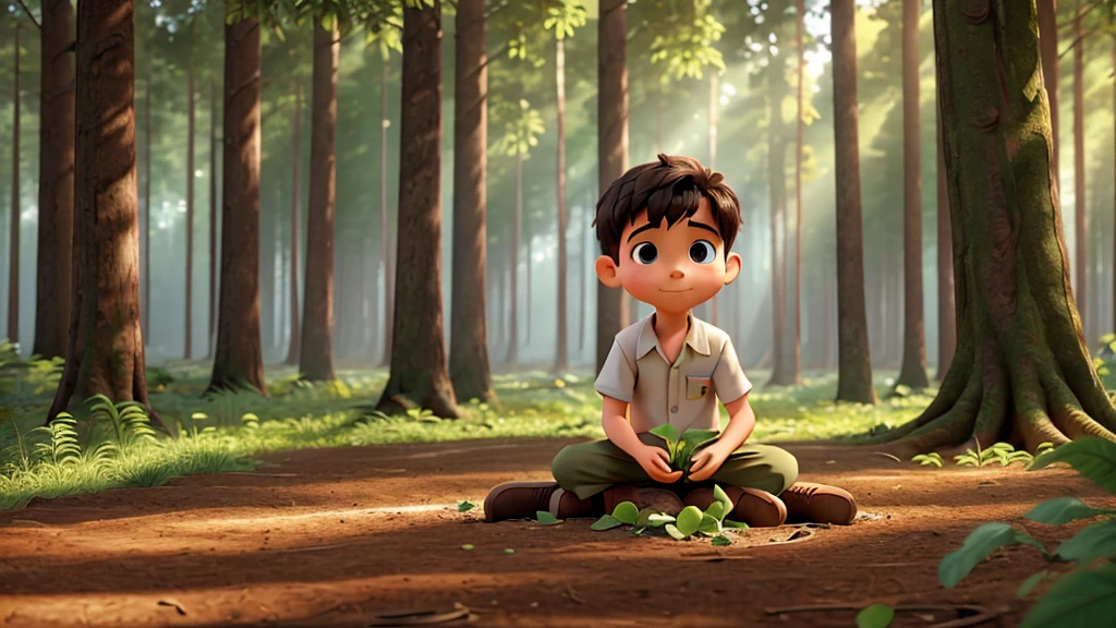 The young boy planting seeds in a forest clearing, surrounded by trees and sunlight filtering through the leaves.