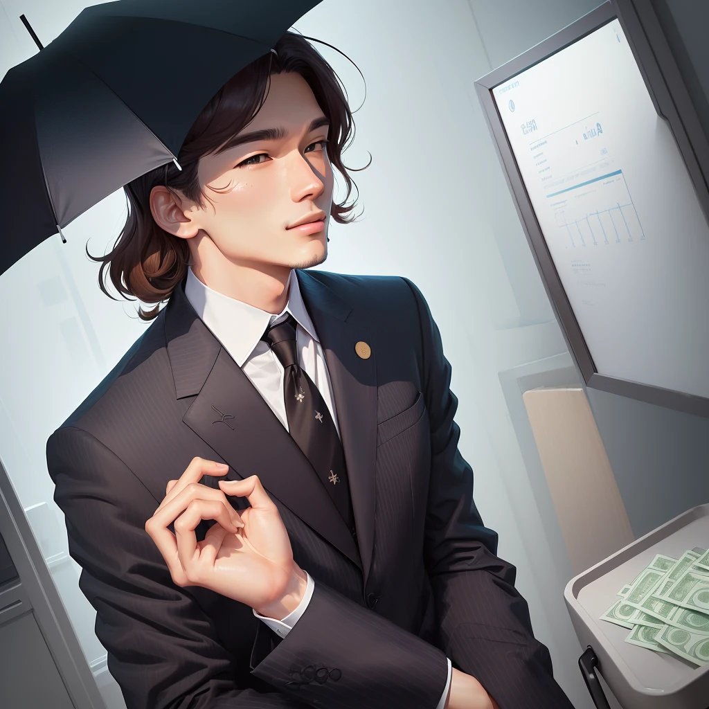 Man in suit holding tray with charts and dollar signs, 간단한 illustration, flat illustration, corporate animation style, 마케팅 illustration, rainy Whitney Sherman, rainy Emma Andijewska, 상세한 illustration, 전문 illustration, svg picture, 마케팅 게임 illustration, shaded flat illustration, rain, illustration, digital marketing, rainy Ingrida Kadaka