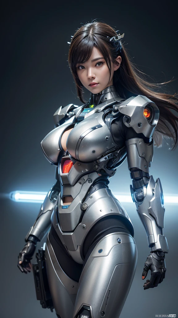 Textured skin, Super Detail, high details, High quality, Best Quality, hight resolution, 1080p, hard disk, Beautiful,(Cyborg),Oppai missiles,beautiful cyborg woman,Mecha Cyborg Girl,Battle Mode,Girl with a Mecha Body,She wears a battle cyborg mech with a weapon,Fulll body Shot