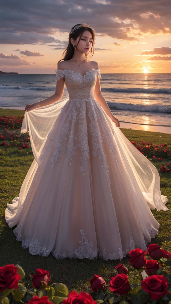 “Create a highly detailed and high-resolution image with a romantic and fantastical scene. The background features a sunset over the ocean. The beach is covered with a field of roses, each rose with glowing outlines and intricately detailed petals. The roses are depicted prominently and in large size.”
