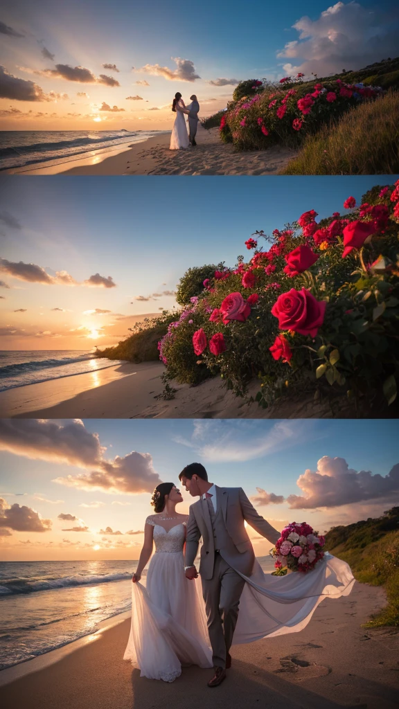 “Create a highly detailed and high-resolution image with a romantic and fantastical scene. The background features a sunset over the ocean. The beach is covered with a field of roses, each rose with glowing outlines and intricately detailed petals. The roses are depicted prominently and in large size.”