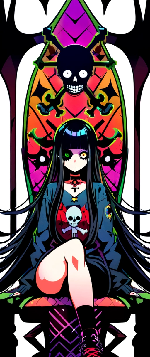 Black Hair、Black Feather、Gothic Punk、sit on a chair, cross one's legs、Throne,anime zombie witch design, crossbones, skulls, street wear design, pro vector, Horror style, full design, 6 colors only, solid colors, no shadows, full design, sticker, bright colors, white background.super fine illustration,(((beautiful fine hair))),(((beautiful fine face))),(((beautiful fine background))),(((beautiful fine hair))),(((beautiful fine face))),(((beautiful fine background))),Midsummer、beachBlack Hair、blunt bangs、Cross-eyed