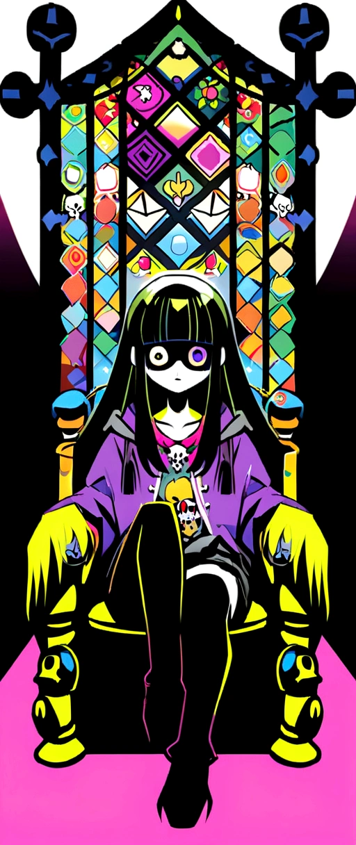Black Hair、Black Feather、Gothic Punk、sit on a chair, cross one's legs、Throne,anime zombie witch design, crossbones, skulls, street wear design, pro vector, Horror style, full design, 6 colors only, solid colors, no shadows, full design, sticker, bright colors, white background.super fine illustration,(((beautiful fine hair))),(((beautiful fine face))),(((beautiful fine background))),(((beautiful fine hair))),(((beautiful fine face))),(((beautiful fine background))),Midsummer、beachBlack Hair、blunt bangs、Cross-eyed