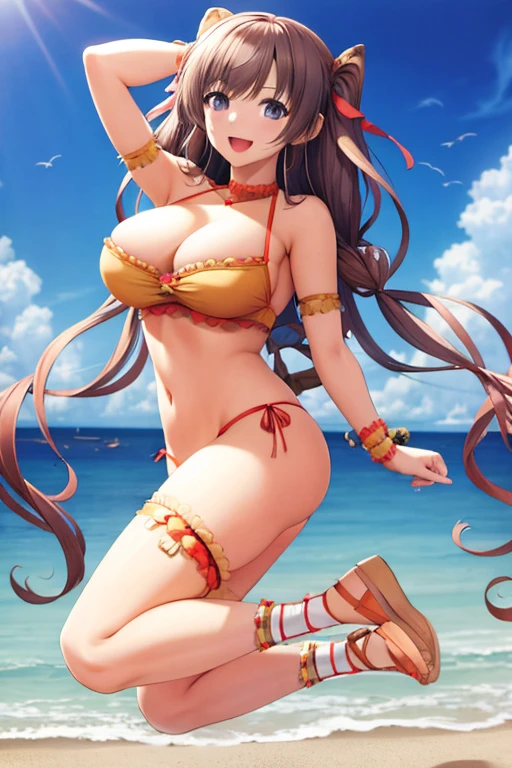 masterpiece, best quality, beautiful art, high resolution, well formed hands, body and fingers, 1 woman, solo, Rina Mayfield, grown up, arabian belly dancer, adult, large and round breasted, cleavage, hair ribbon, full body, sexy and skimpy outfit , gorgeous legs and thighs , dancing seductively and erotically, turning backwards and forwards, showing her back and front, shaking her body, bikini thong, smiling joyfully, looking at the viewer, flirting, beach environment 