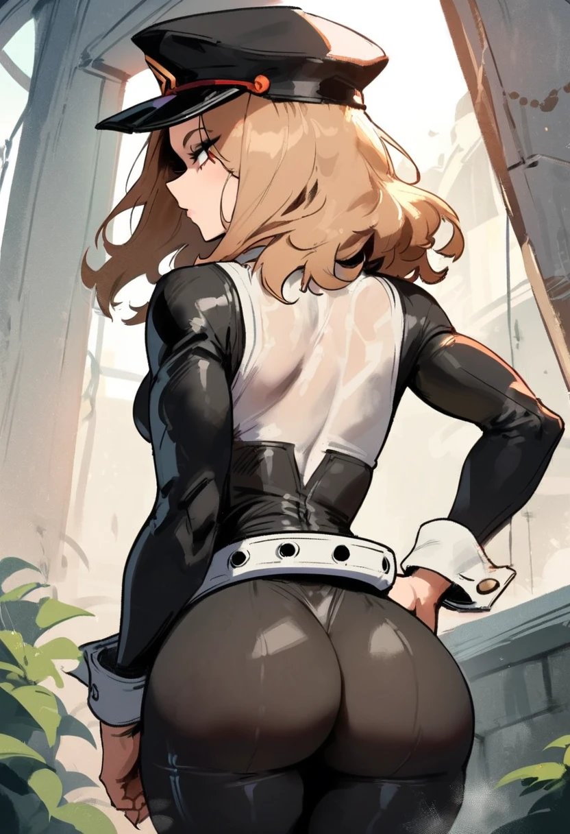 1girl, utsushimi kemii, boku no hero academia \\\\\ masterpiece, best quality, very aesthetic, absurdres, newest \\\\\\ slim body,///// by dodok,by nyantcha,cutesexyrobutts , by khyle,,//////light brown hair  , cap,  black catsuit . She wears white cuffs around her wrists,,standing, , (rear view:1.2), ass view,, ,pov. sge looking afar, look away
