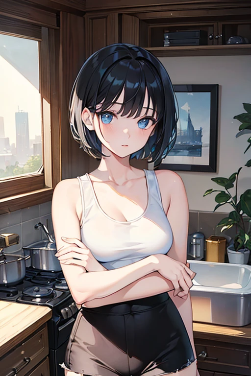 ((Highest quality)), ((masterpiece)), (Familiar), Illustration Style,Perfect Face,1 Girl,Black Hair,Short Hair,Glowing Skin,big, Bright Blue Eyes,Beautiful Bangs,Small breasts,Super Beauty,woman,,White tank top,Black pants,Beautiful clothes