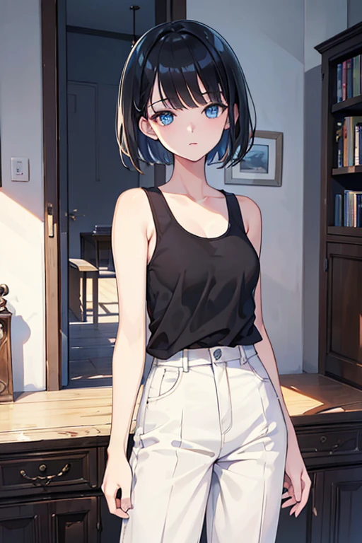((Highest quality)), ((masterpiece)), (Familiar), Illustration Style,Perfect Face,1 Girl,Black Hair,Short Hair,Glowing Skin,big, Bright Blue Eyes,Beautiful Bangs,Small breasts,Super Beauty,woman,16 years old,White tank top,Black pants,Beautiful clothes