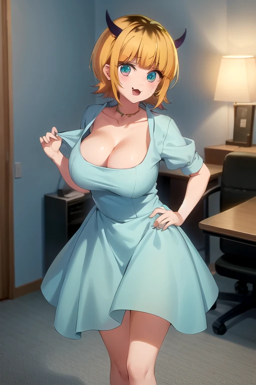 Highest quality, masterpiece, detailed,
memcho,
Open your mouth, :3, Happy,
short hair, Blonde, Multicolored Hair, Aqua Eye, Blunt bangs, horn,, clavicle, Puffy sleeves,Are standing, Looking at the audience,Huge breasts:1.5、
indoor、T-shirt maxi(tight)dress:1.5、The whole body is visible、Cleavage
