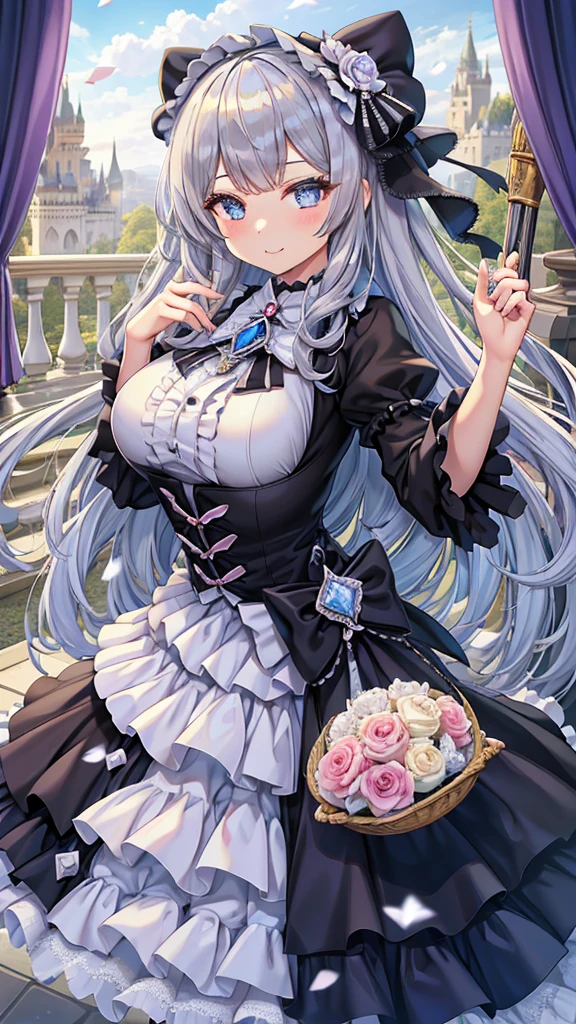 Masterpiece、Highest quality、Super detailed、Fluffy and soft long hair、Gray Hair、Diamond Eyes、Big Tits、Too big breastagic使い、Lolita Clothing、Ribbons and frills、diamond brooch、magicのダイヤモンドのステッキ、magic、smile、Cute castle